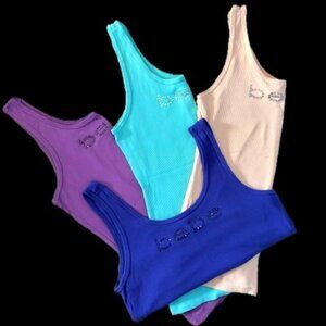 Bebe Bundle Of 4 Ribbed Rhinestone Logo Tank Tops Womens Size L
